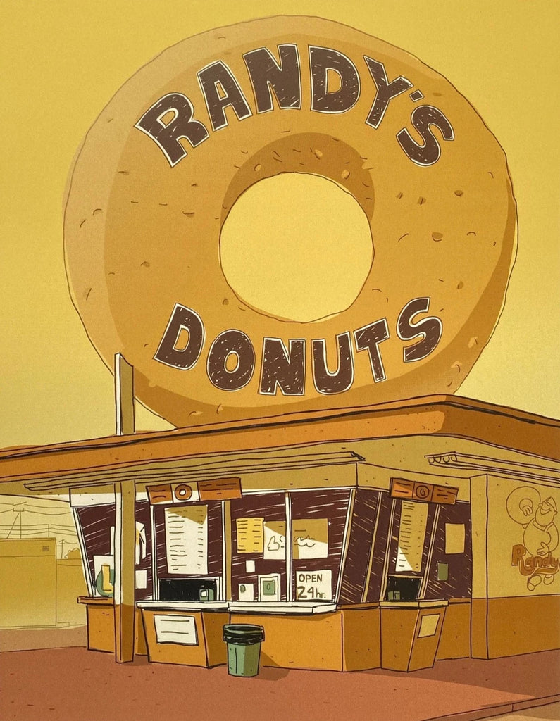 Randy's Donuts Print - A whimsical portrayal of LA's iconic giant donut, capturing the sweet nostalgia of Randy's Donuts.
