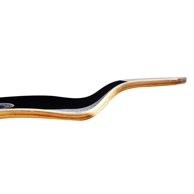 Artistic representation of wind currents on a sleek longboard, symbolizing speed, freedom, and flow.