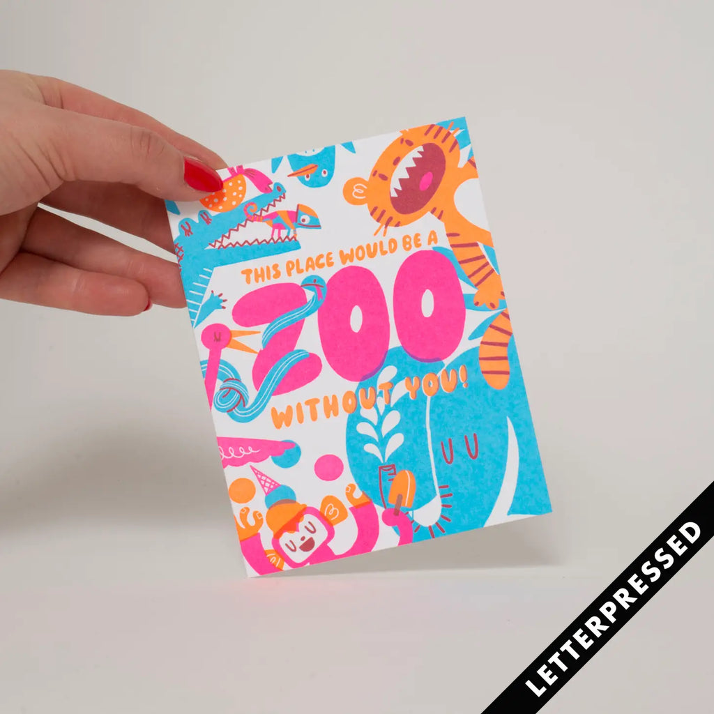 Image of the 'Zoo Without You Card', showcasing its playful zoo-themed design and the pun-filled message of missing someone.