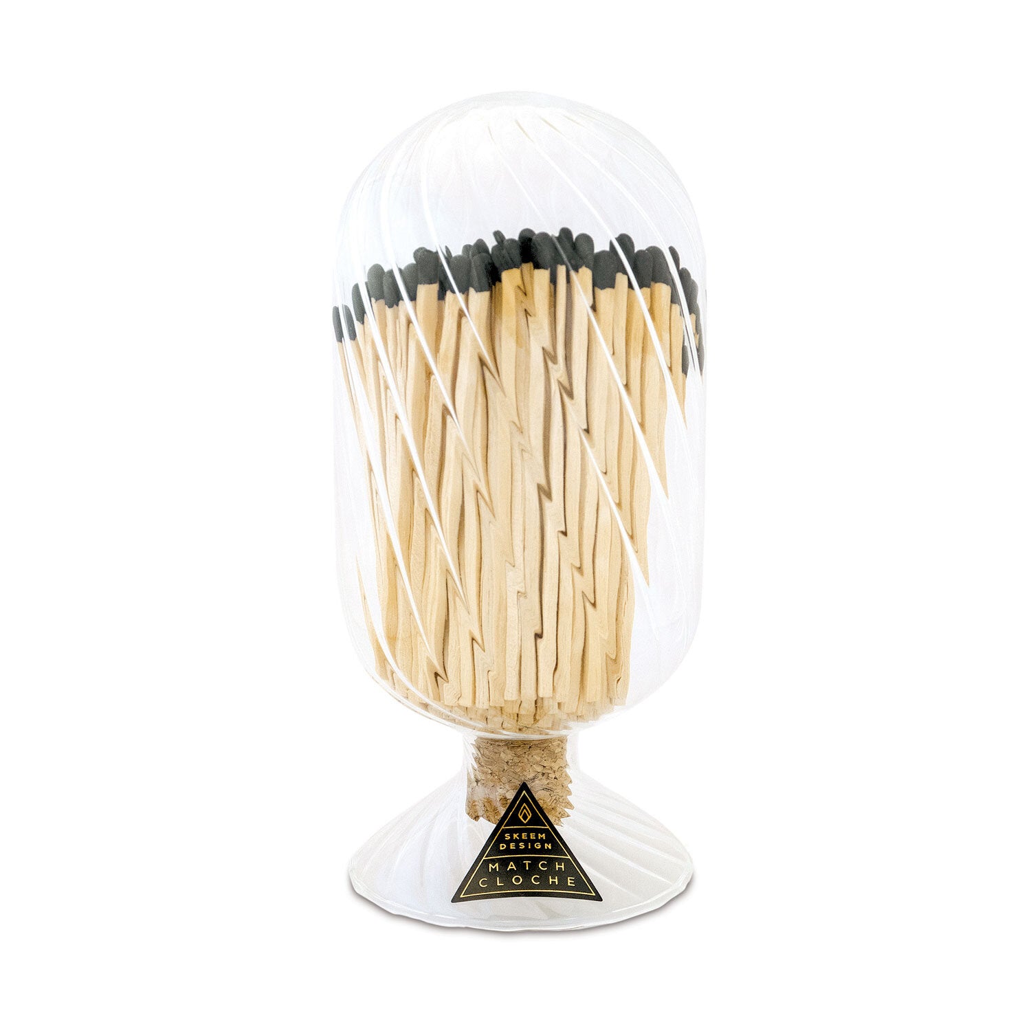 Black Helix Match Cloche with black-tipped matches, encased in a unique helix-patterned glass cloche.