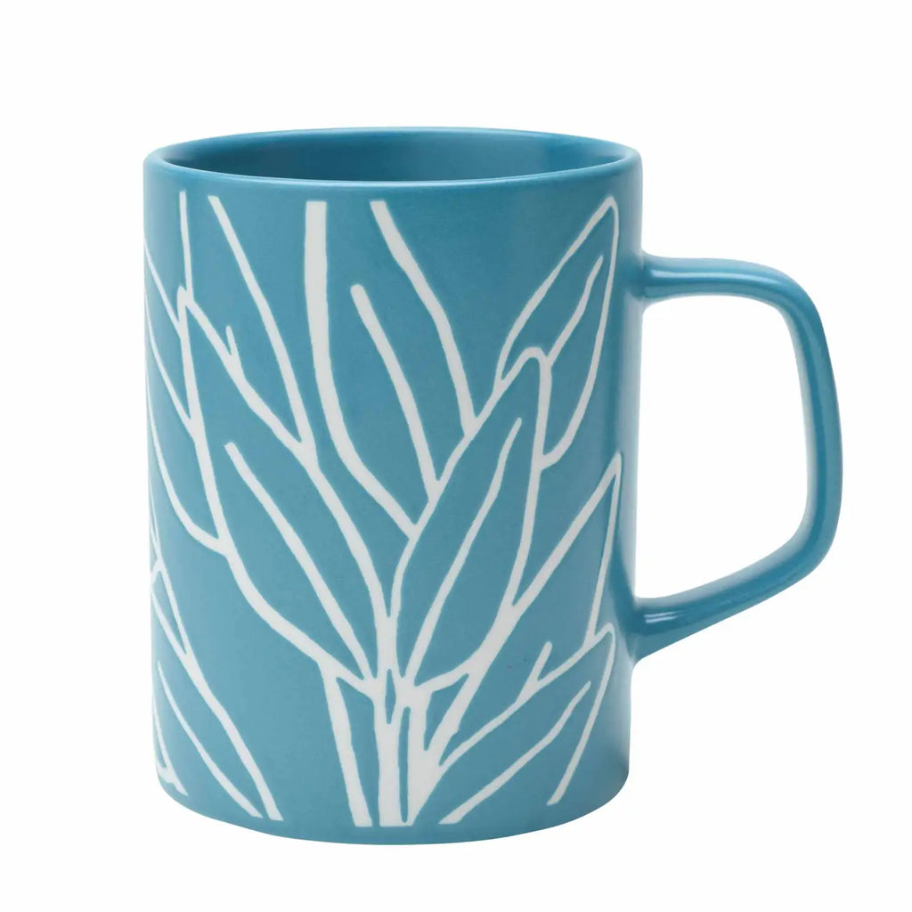 A Ceramic Sage Leaf Mug with a detailed sage leaf pattern, placed on a neutral-toned surface.