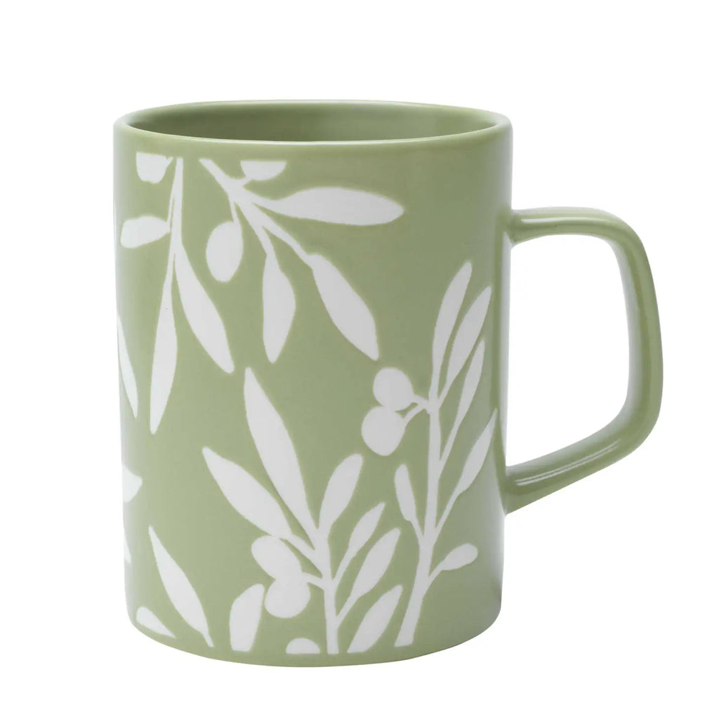 A Ceramic Olive Branch Mug with a delicate olive branch design, placed on a soft-hued surface.