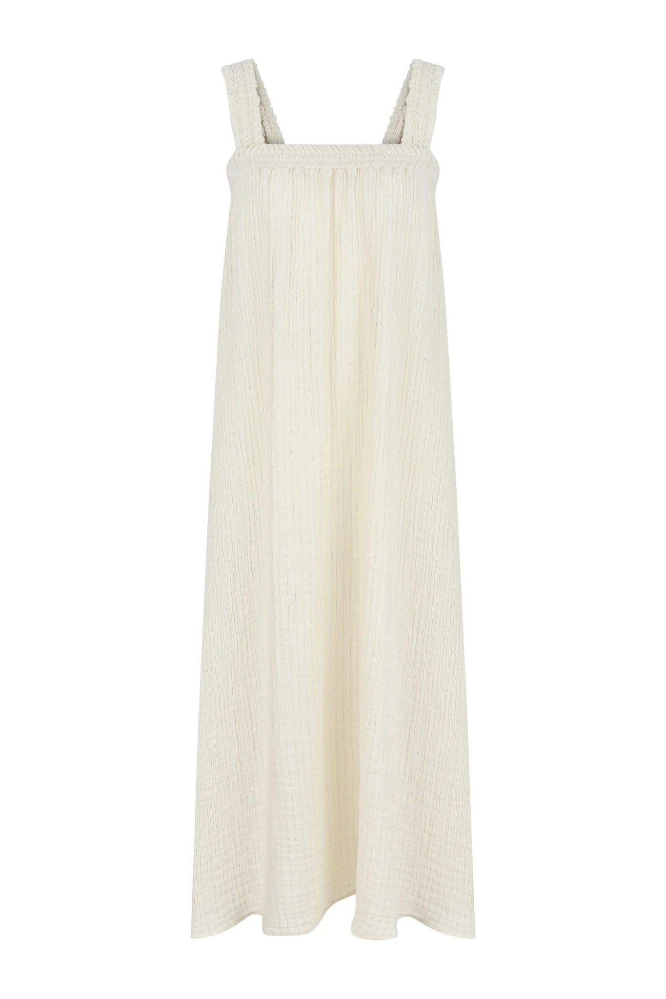 The Noa Straps Maxi Dress, made from 100% Turkish cotton, elegantly displayed, showcasing its delicate straps and flowing maxi length.