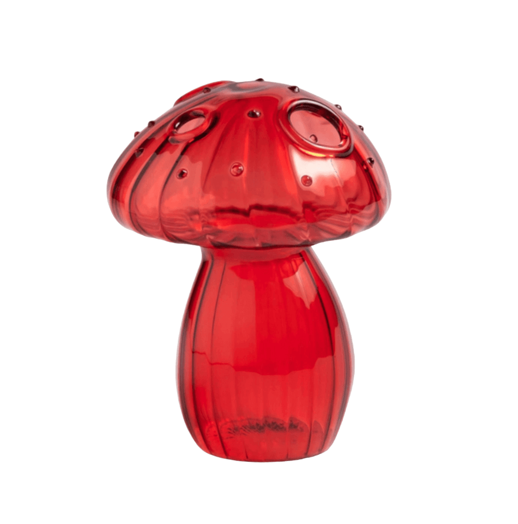 Vibrant red Mushroom Bud Vase made from durable borosilicate glass, an ideal vessel for showcasing flowers.