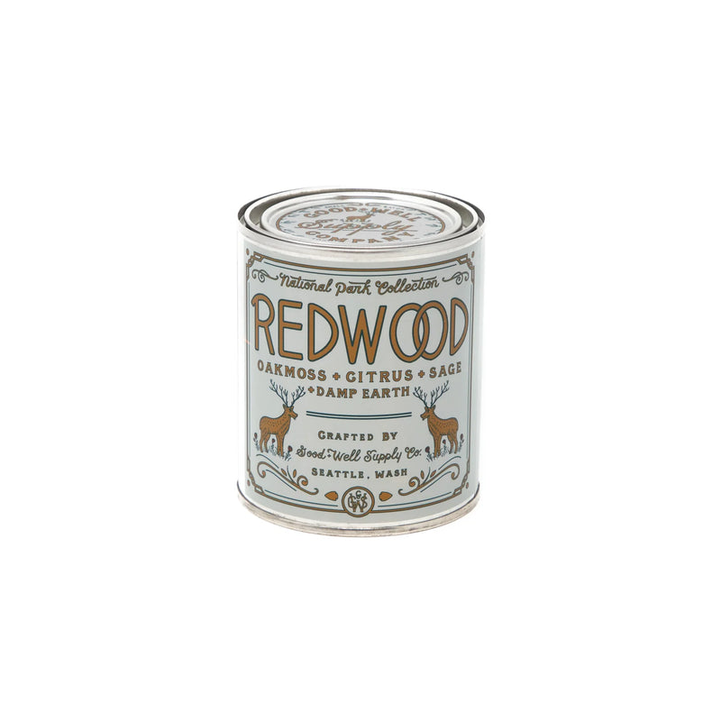Handcrafted all-natural soy Redwood National Park Candle with the scents of redwood, raspberry, and sandalwood.