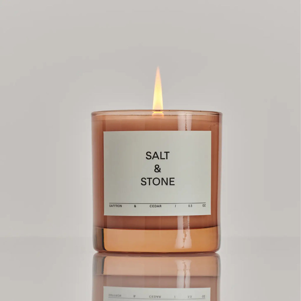 Salt & Stone Candle in Black Rose & Vetiver, exuding a sensual and refreshing aroma of blooming roses, vetiver, and cedar.