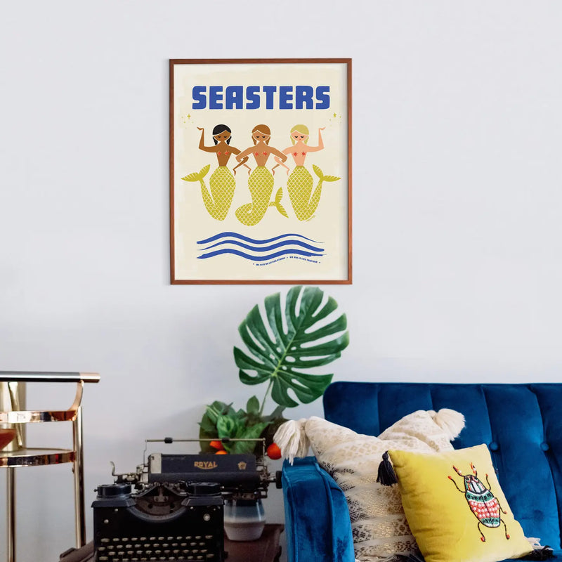 Artistic depiction of three sisters amidst the sea's waves, symbolizing the strength of familial bonds and coastal memories.