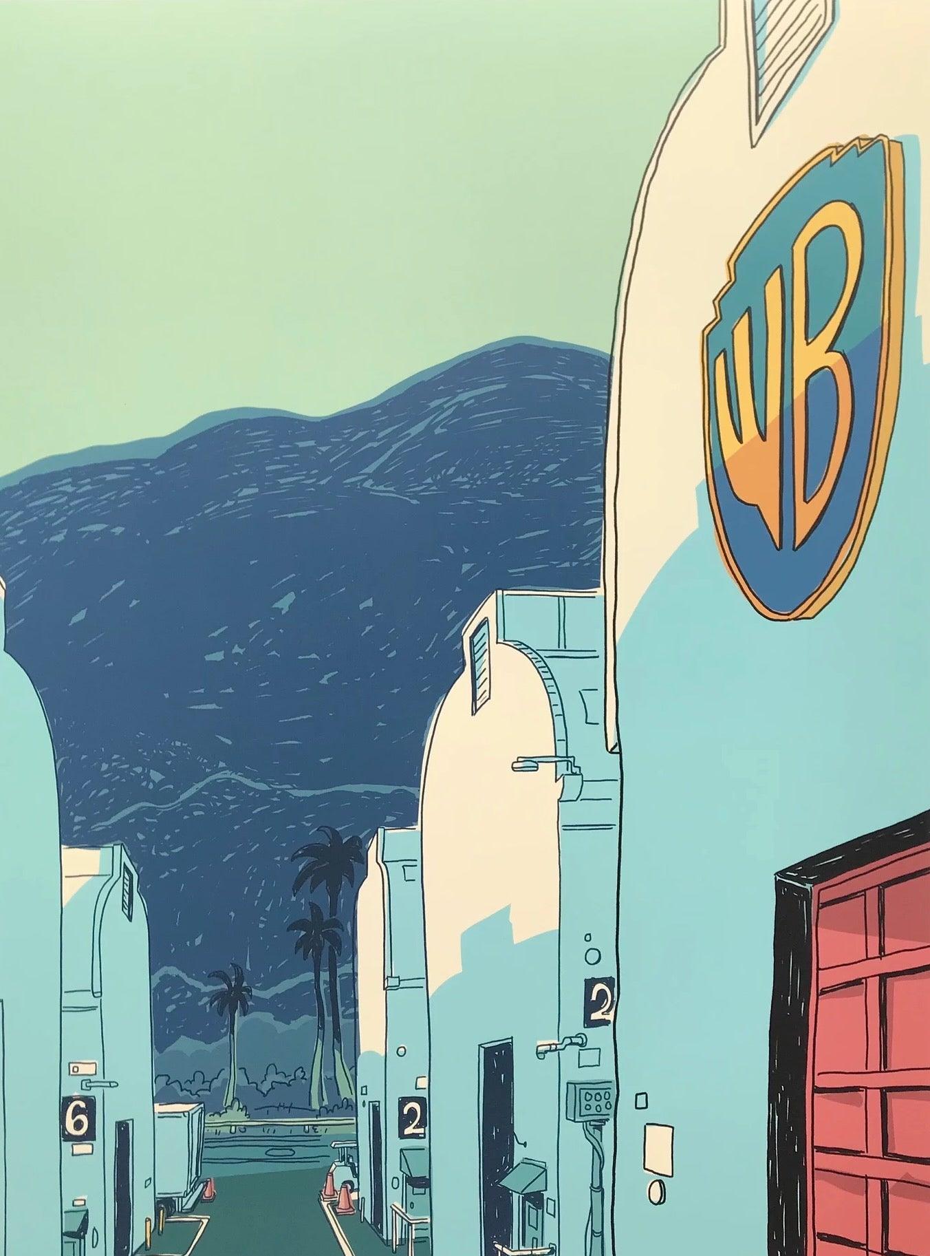 Warner Bros. Studio Illustration Print: Artistic depiction of the renowned studio in captivating blue tones, featuring the iconic water tower and historic sound stages, evoking the magic of Hollywood.