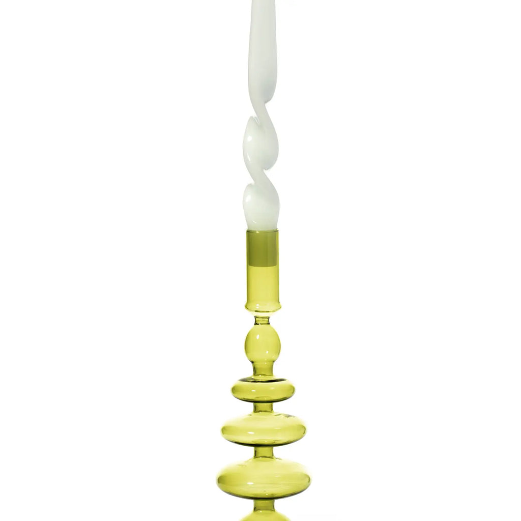 Pear Green Coloured Glass Taper Holder, radiating a fresh, vibrant glow.