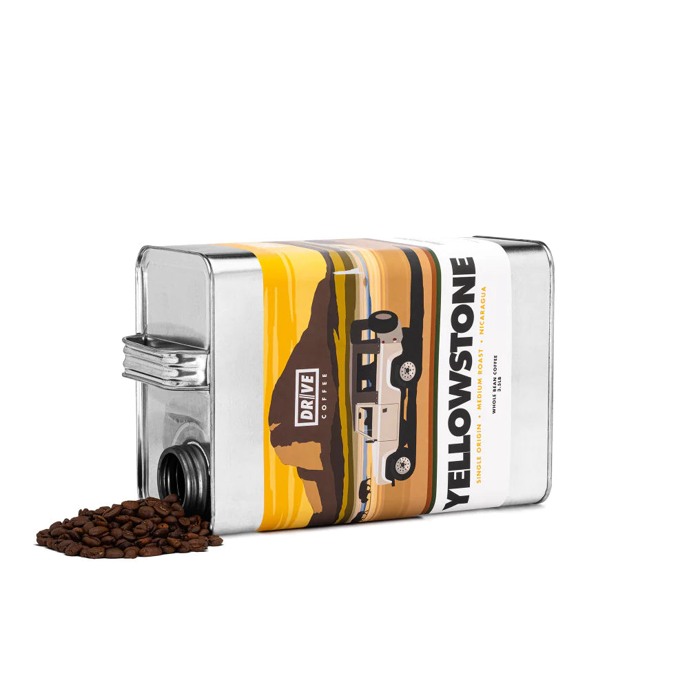 A bag of Yellowstone Medium Roast, Single Origin Nicaragua Coffee Beans, highlighting the texture and richness of the beans.