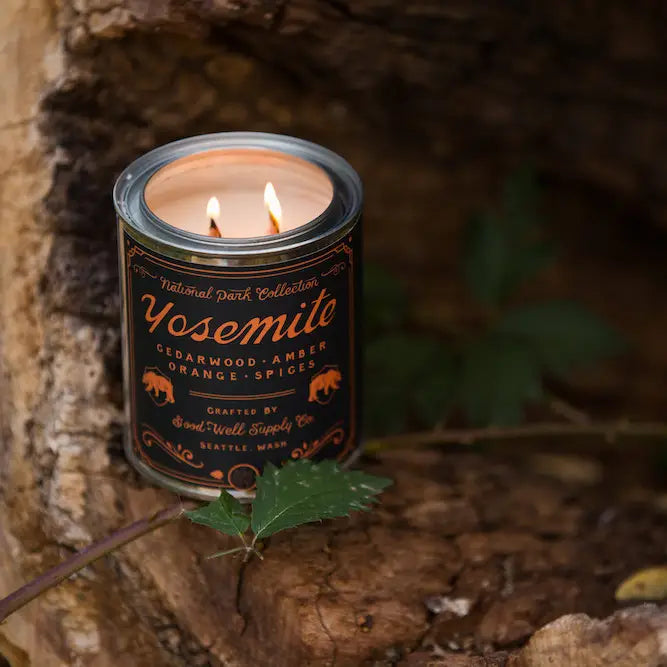 Yosemite Soy Candle in sustainable packaging, releasing a fresh, natural scent evocative of the iconic national park.