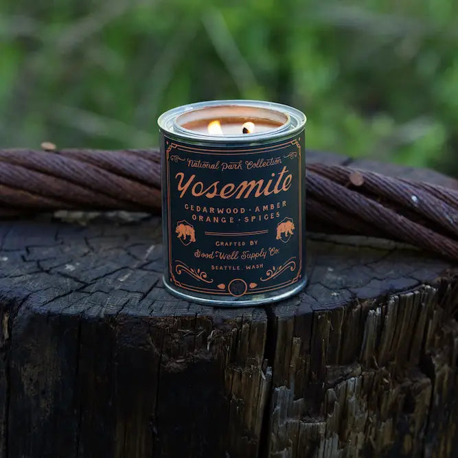 Yosemite Soy Candle in sustainable packaging, releasing a fresh, natural scent evocative of the iconic national park.