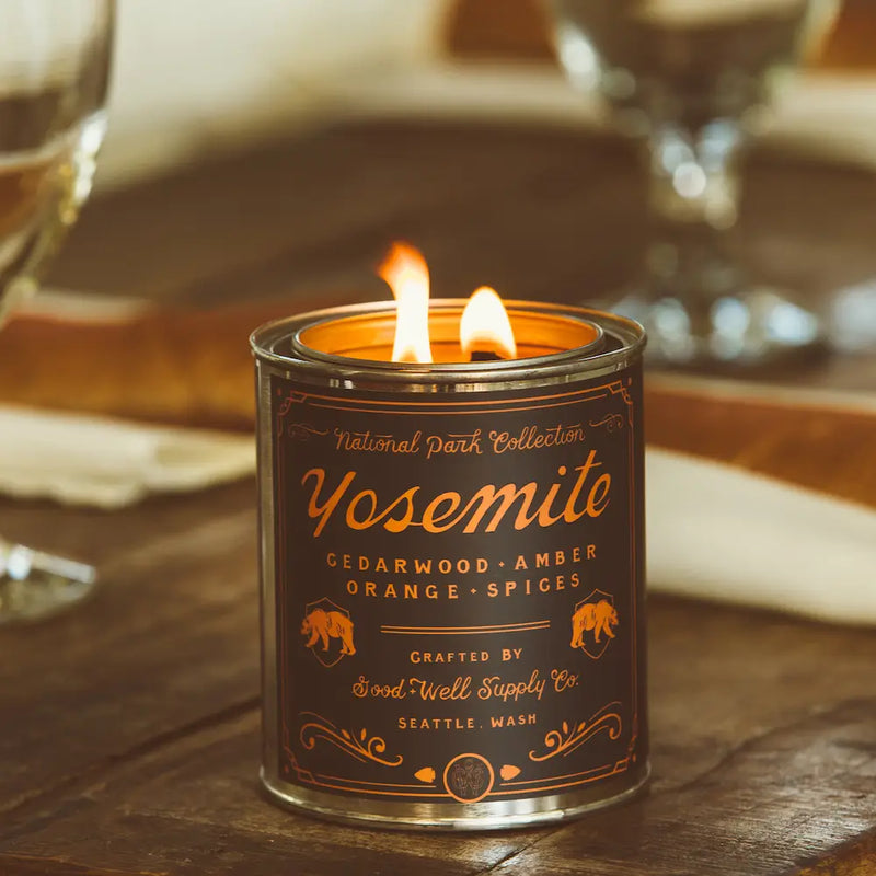 Yosemite Soy Candle in sustainable packaging, releasing a fresh, natural scent evocative of the iconic national park.