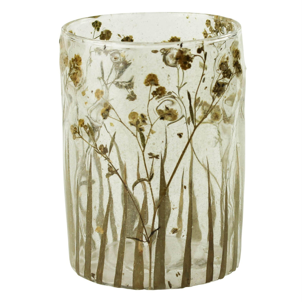 Image of the Prairie Grass Candle Holder, with prairie grasses enameled onto a simple glass silhouette, creating a unique candle luminary.