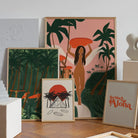 Artistic representation of a woman surfer amidst a lush tropical jungle, embodying the essence of wild adventure and camaraderie.