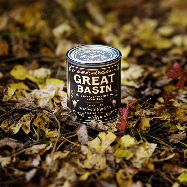 Great Basin Soy Candle in sustainable packaging, diffusing a crisp, earthy scent reminiscent of the expansive outdoors.