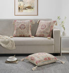 Image of the 'Handmade Printed Persian Cotton Pillow Cover', highlighting its soft, fluffy texture, the handmade tassels at each corner, and the intricate printed design.