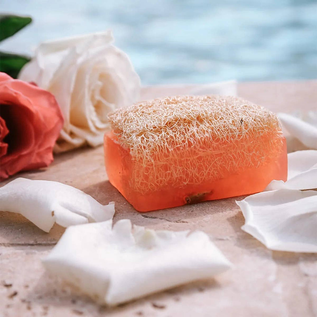 Rose with Loofah Soap: Handmade soap bar with rose essence and exfoliating loofah particles, epitome of luxurious skincare.