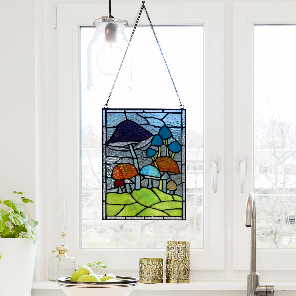 Mushrooms Stained Glass Mosaic - Handcrafted mosaic featuring a medley of vibrant mushrooms for a whimsical touch.