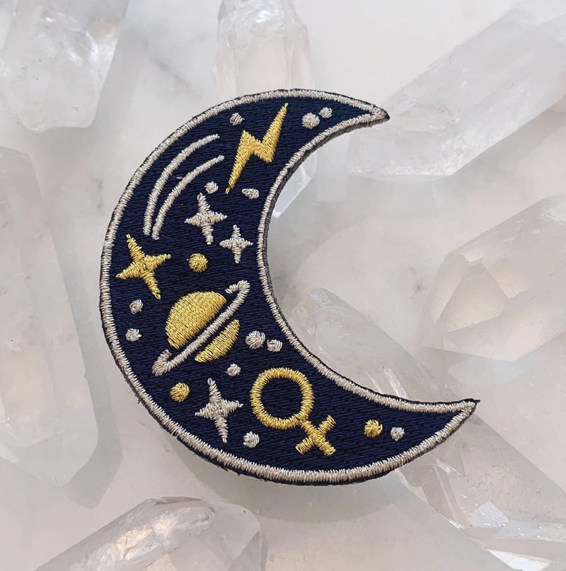 Cosmic Moon Patch, showcasing a beautifully designed moon within a cosmic background, symbolizing exploration and mystery.