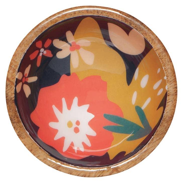 Superbloom Mango Wood Mini Bowl - Sustainably made wood bowl featuring an abstract bouquet design, perfect for serving food.