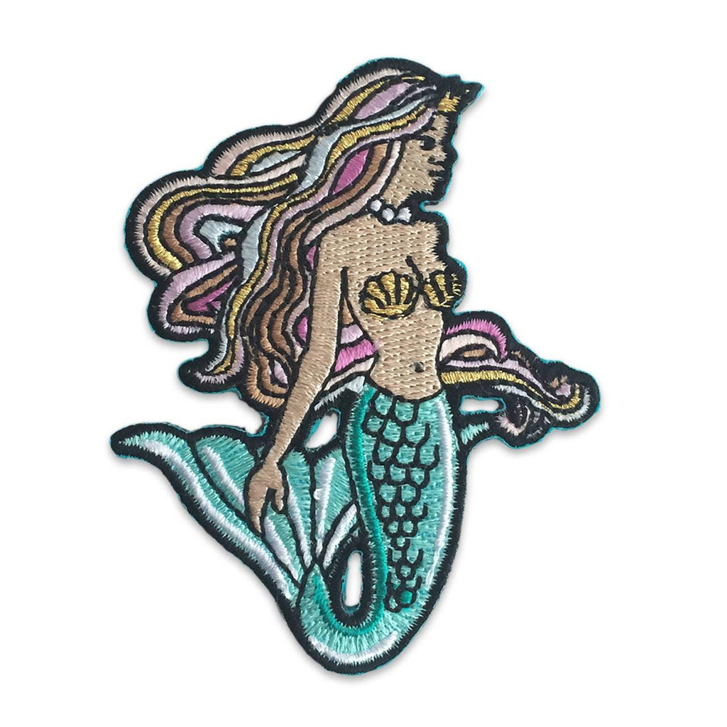 Detailed embroidered patch of a graceful mermaid with flowing hair and a glimmering tail.