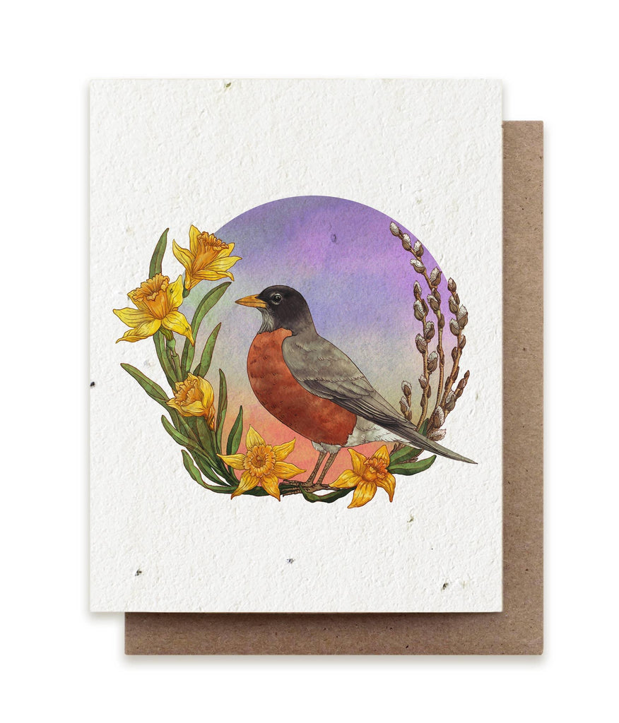 Spring Robin Plantable Herb Seed Card, a biodegradable card infused with herb seeds, blossoming into a vibrant herb garden attracting robins.