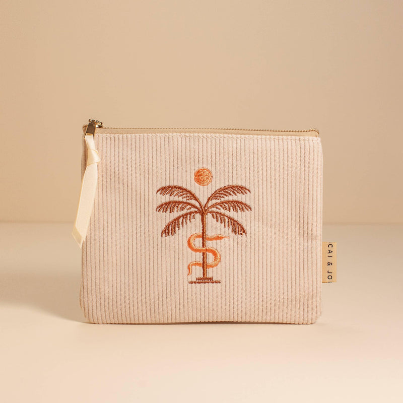 'Palma Corduroy Pouch' made from soft corduroy, featuring a palm leaf design