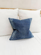 Image of the 'Indigo Blue Square Pillow Cover', showcasing its vibrant indigo color and fine cotton material, designed by Indian master artisans.