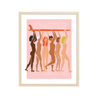 Helping Hands Print featuring diverse women standing together and holding a surfboard, framed in a wooden frame.