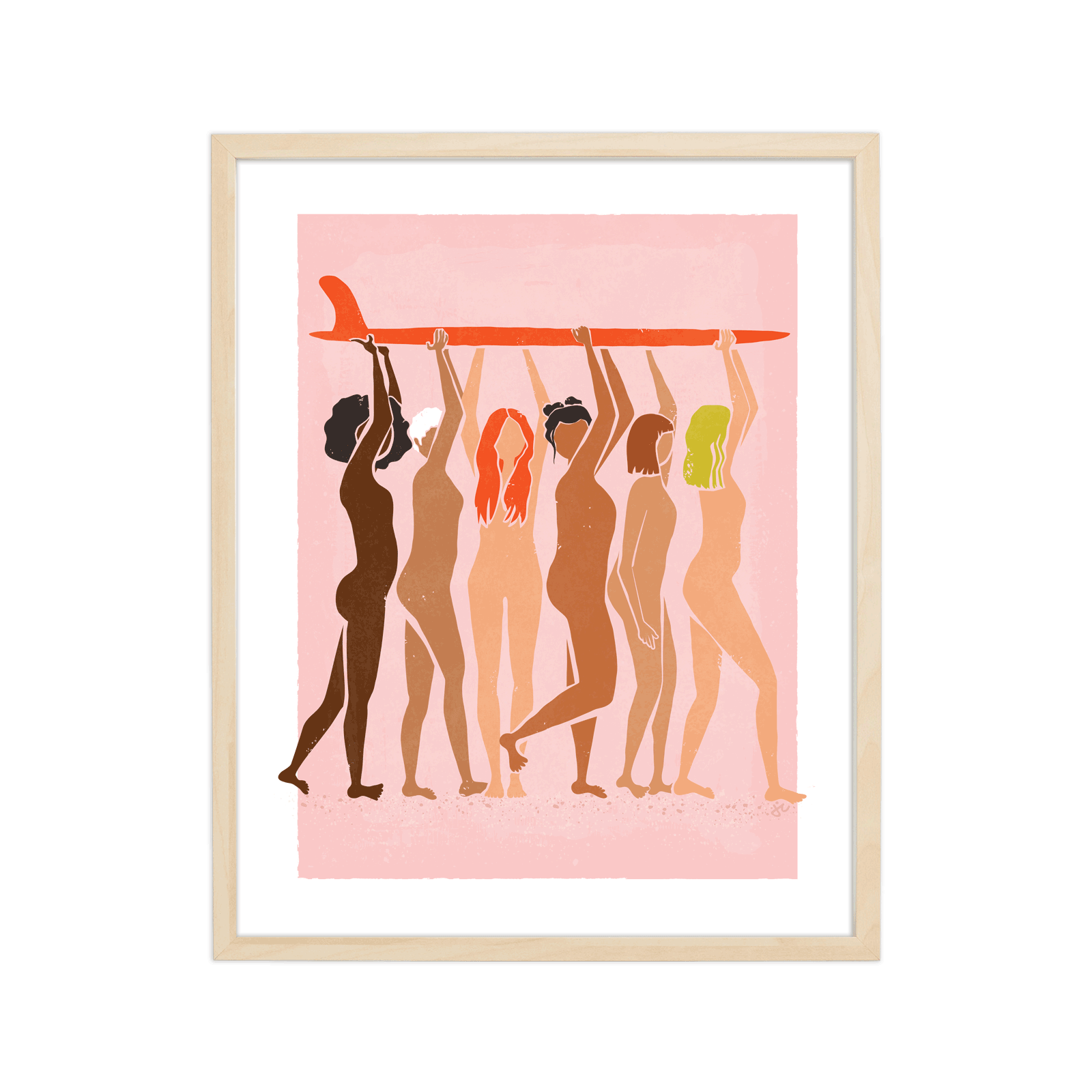 Helping Hands Print featuring diverse women standing together and holding a surfboard, framed in a wooden frame.
