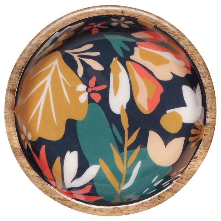 Superbloom Mango Wood Shallow Bowl - A shallow mango wood bowl featuring a lacquered garden interior, perfect for serving or decoration.