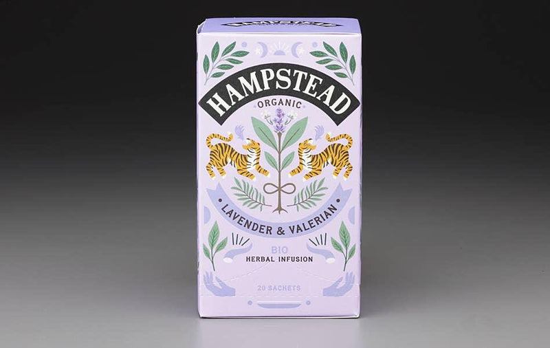 Hampstead Organic Lavender & Valerian tea, a harmonious blend of aromatic Lavender, Lemongrass, and calming Valerian Root.