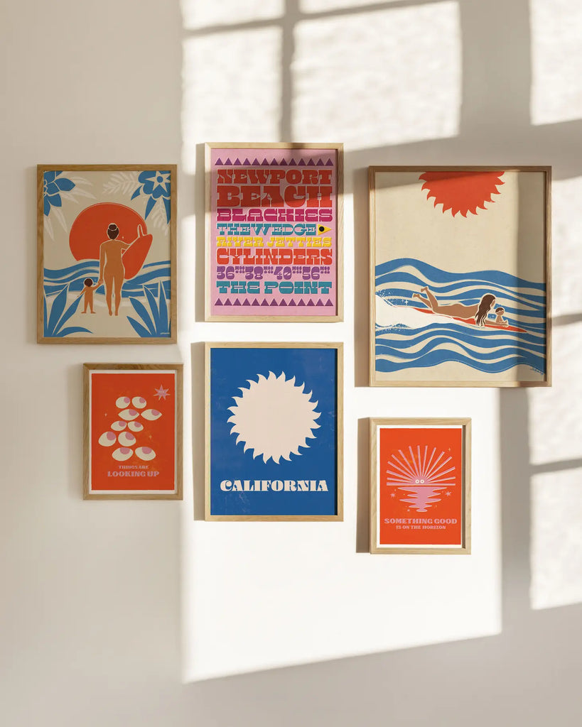 Artistic print portraying the radiant energy and beauty of California's sun, surf, and landscapes.
