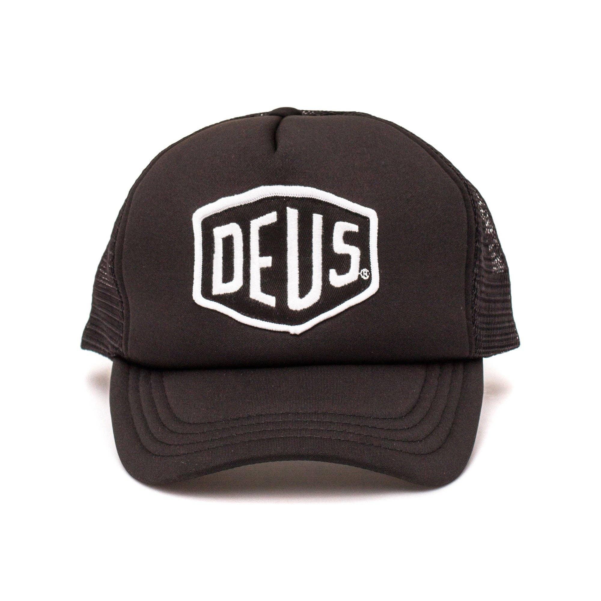 Deus ex Machina - Baylands Trucker Hat', showcasing its classic design with embroidered Deus artwork and breathable nylon mesh back.