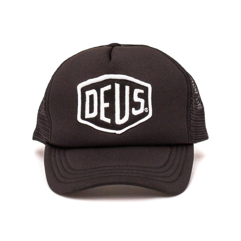 Deus ex Machina - Baylands Trucker Hat', showcasing its classic design with embroidered Deus artwork and breathable nylon mesh back.