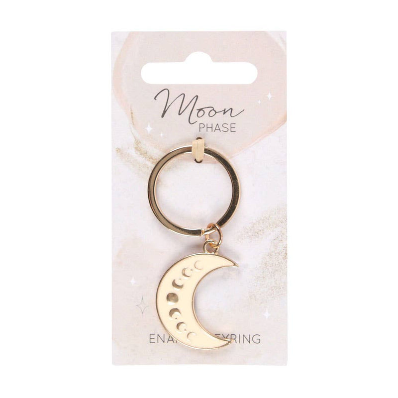 Moon phase crescent enamel keyring with gold-tone details.