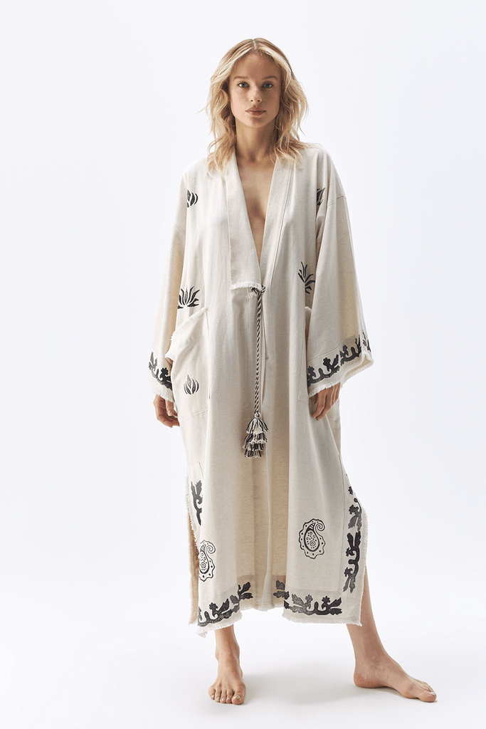 Linen Festival Kimono - Lightweight and stylish, perfect for festivities. Bohemian-inspired details in a flowing silhouette. Elevate your look with this festival-ready kimono.