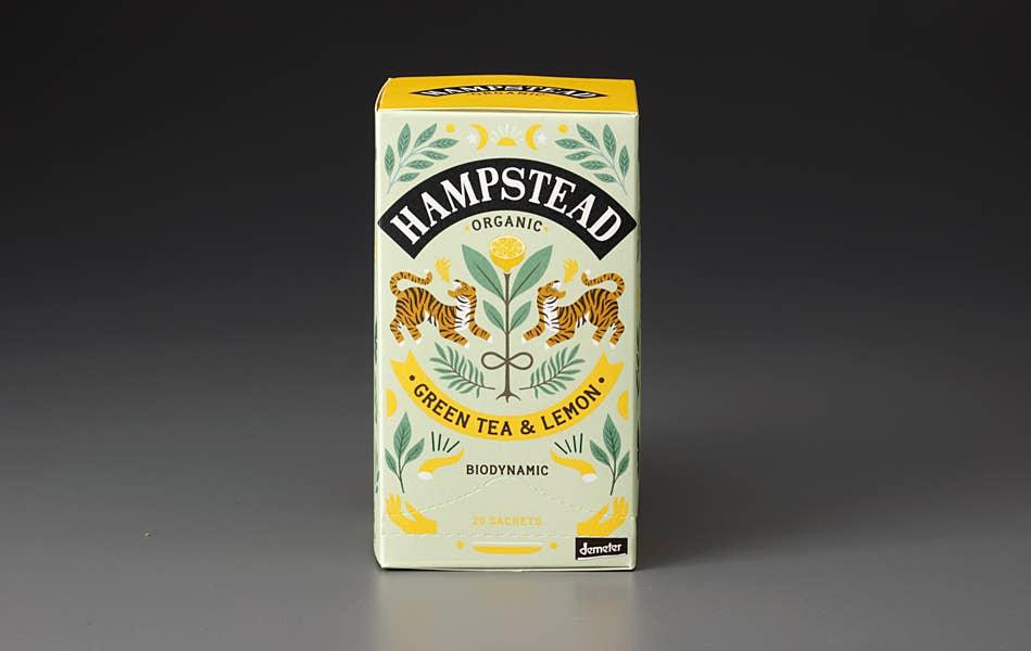 Image of Hampstead Organic Green Tea & Lemon, a refreshing blend of Darjeeling tea leaves, lemon peel, and lemongrass, creating a tea with a tropical, citrus character.