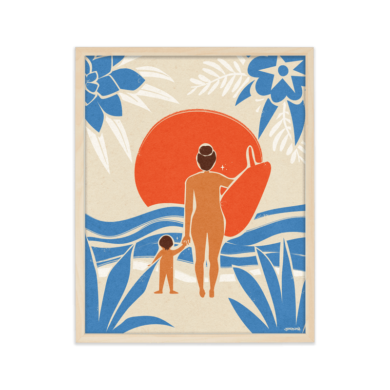 Art print showcasing a surfer mom and child, symbolizing their deep bond and shared passion for the waves.