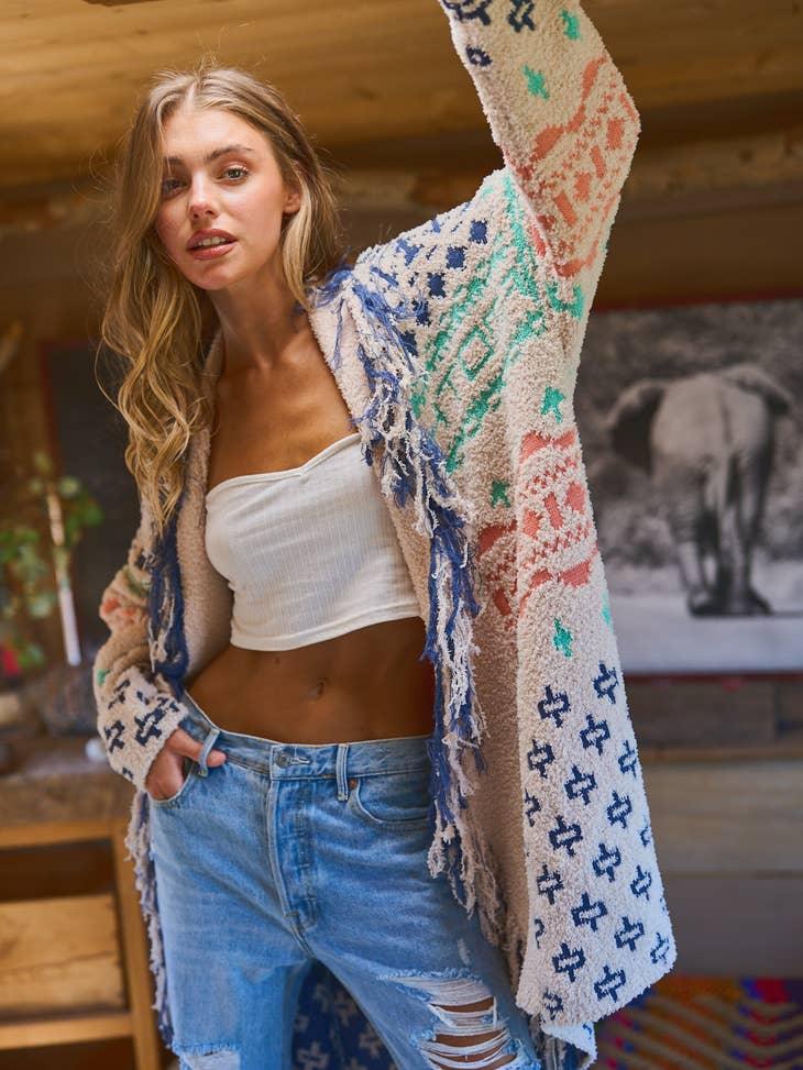 Cozy Aztec Cardigan, featuring a traditional design, crafted from soft, warm fabric for comfort and style.