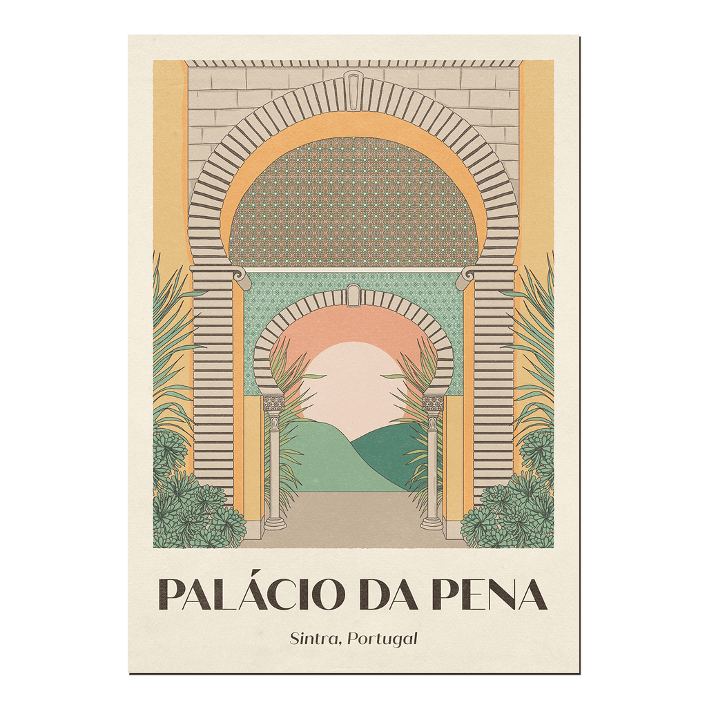 Palácio da Pena Print showcasing the intricate details and vibrant colors of the Portuguese architectural masterpiece, displayed against a neutral backdrop.