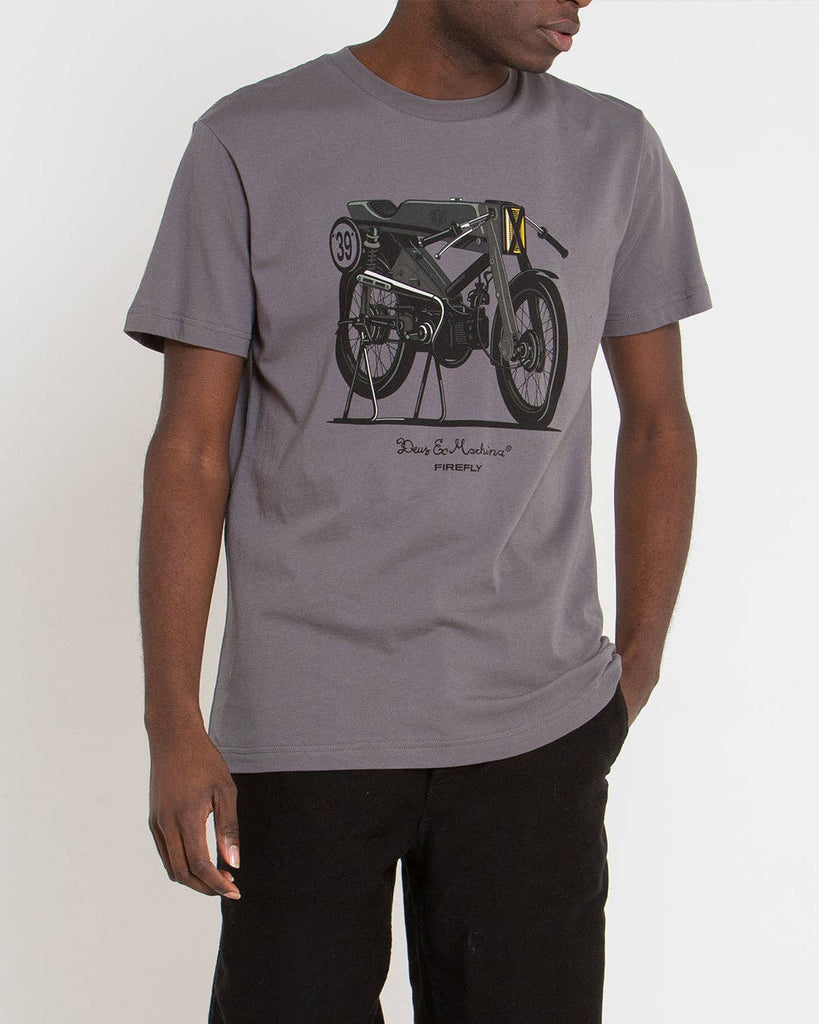 : Firefly Tee - Moon Mist: Soft tee with old-style custom motorcycle design, epitome of vintage coolness.