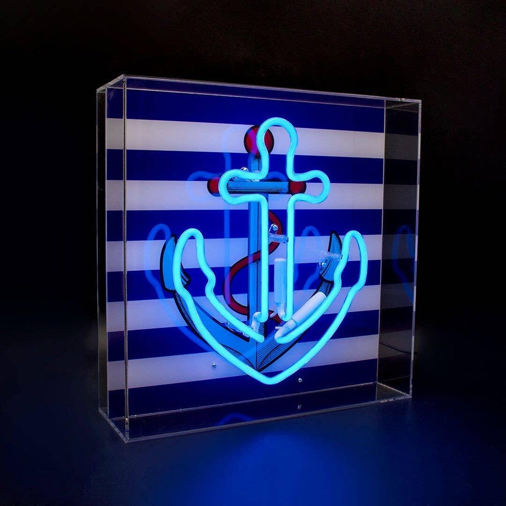Blue Neon Anchor Light encased in a glossy acrylic box with printed graphics, a stylish offering from FORMA.