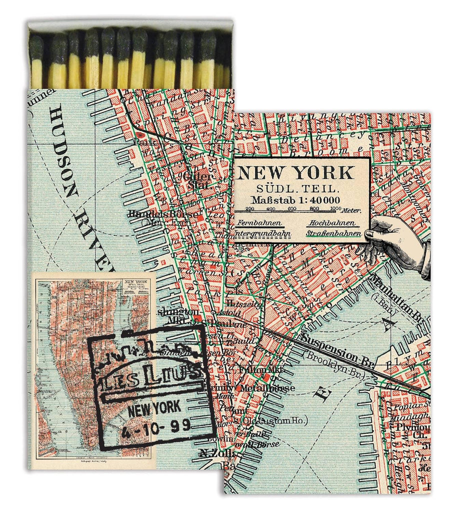 New York Map Matches in a vintage-style matchbox, showcasing a map design of New York City, perfect for lighting candles and fires.