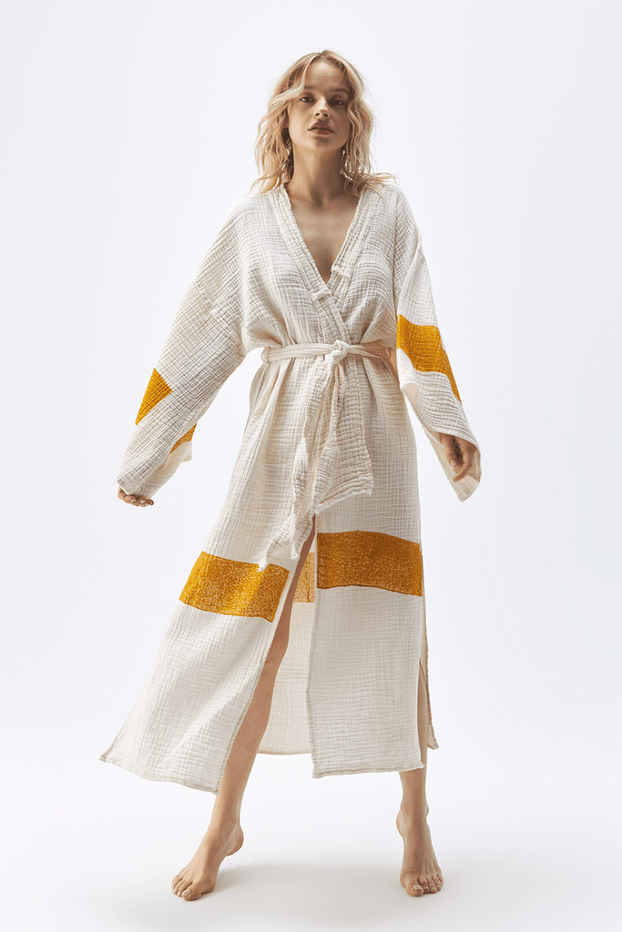 Crinkle Yellow Block Print Kimono - Vibrant yellow with intricate block prints. Boho-chic style for a sunny, stylish look. Elevate your wardrobe with this unique kimono.