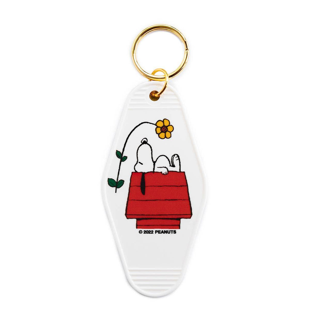 Peanuts Snoopy Doghouse Flower Key Tag - A charming key accessory featuring Snoopy's doghouse and blooming flowers for added whimsy.