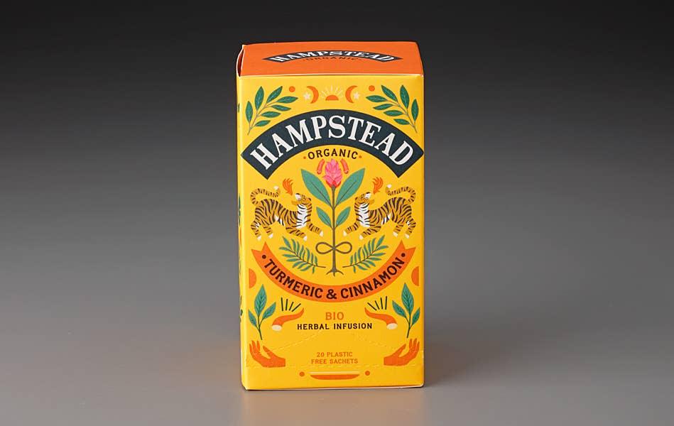 Image of Hampstead Organic Turmeric & Cinnamon tea, a gently spiced, aromatic infusion of anti-inflammatory turmeric, spicy cinnamon, and purifying ginger.