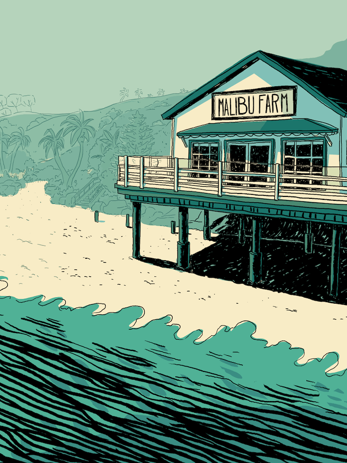 Artistic print showcasing the beauty of Malibu Farm, capturing the rustic charm, organic cuisine, and scenic coastal views.