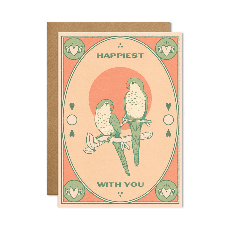  "Happiest With You" Card with a romantic design, presented on a cozy, warm-toned background.